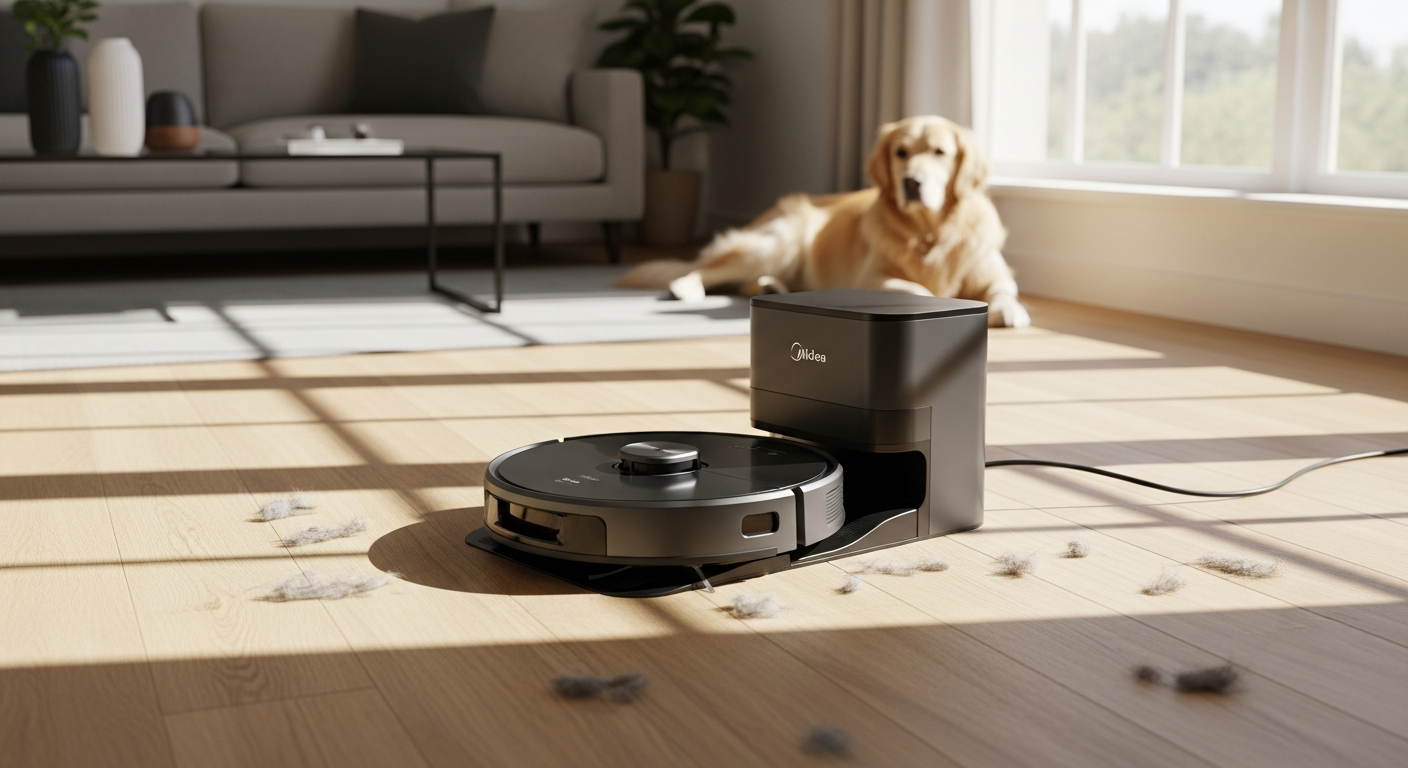 Midea V12 robot vacuum mop cleaning pet hair from hardwood floor with self-cleaning technology