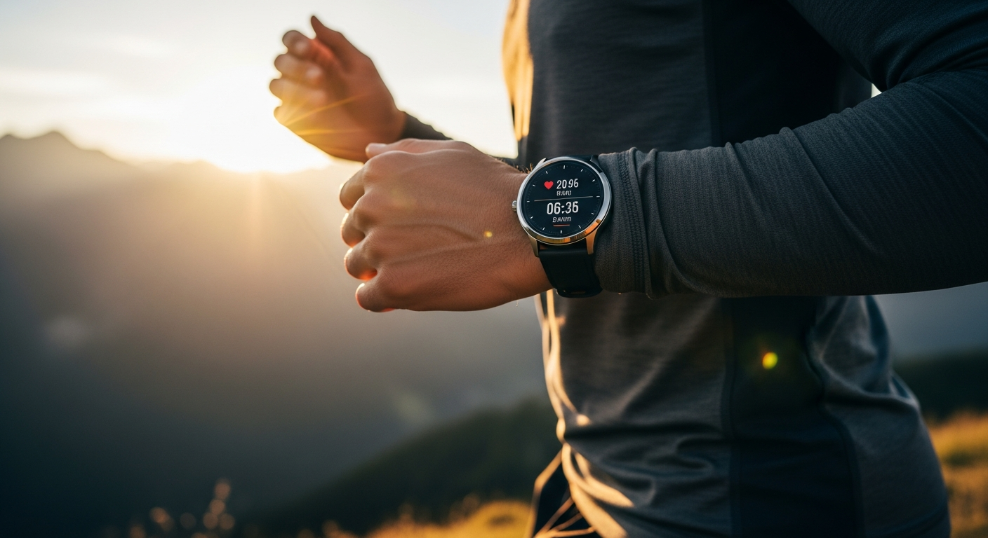 Titanium smartwatch on wrist displaying fitness metrics and health tracking data