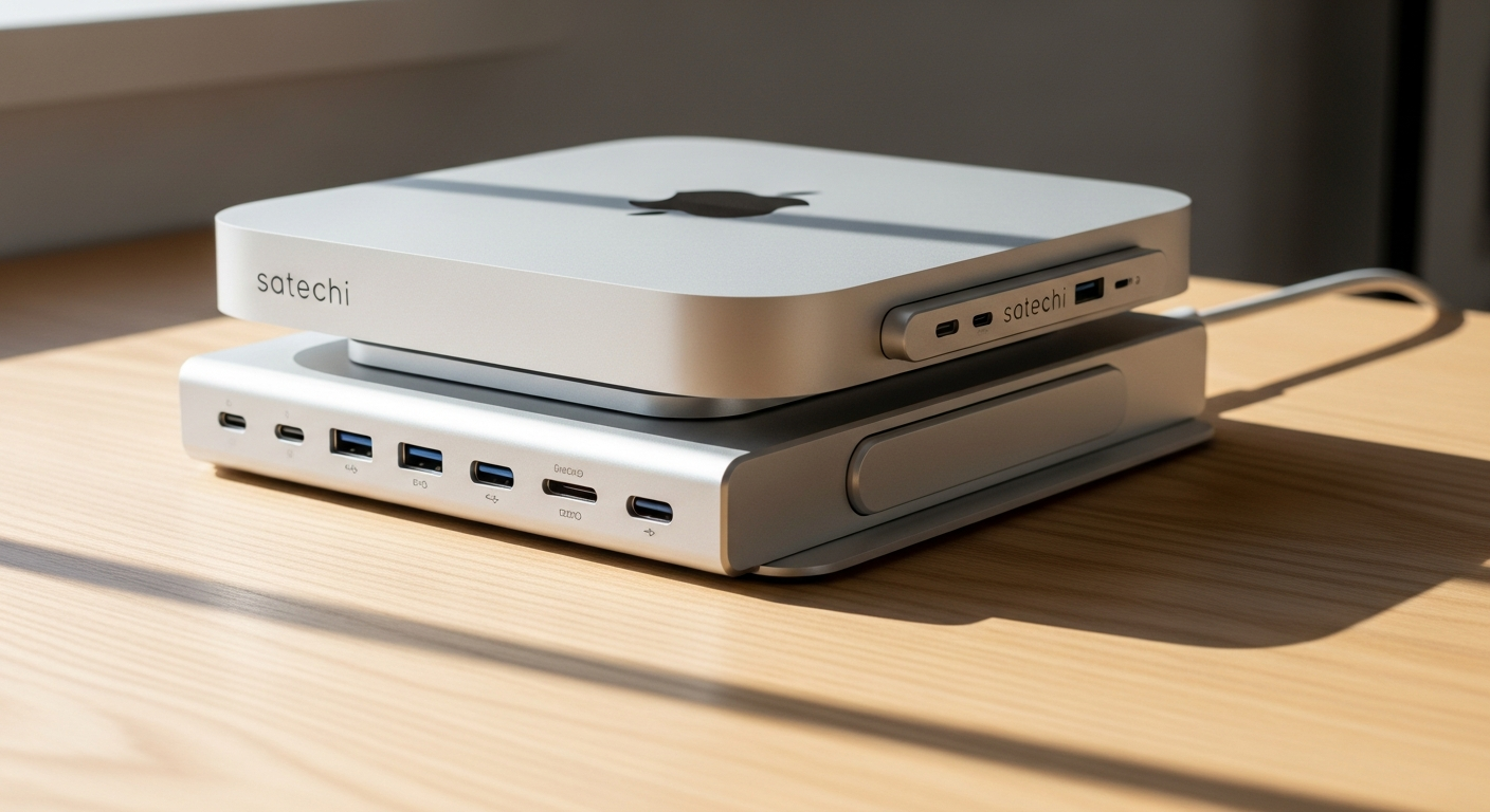 Satechi Mac Mini Stand Hub with integrated SSD enclosure and multiple USB ports on aluminum stand