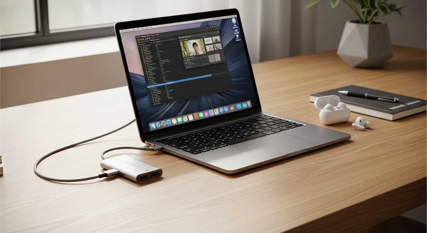 Sleek silver Satechi USB-C multiport adapter with multiple ports displayed on white background