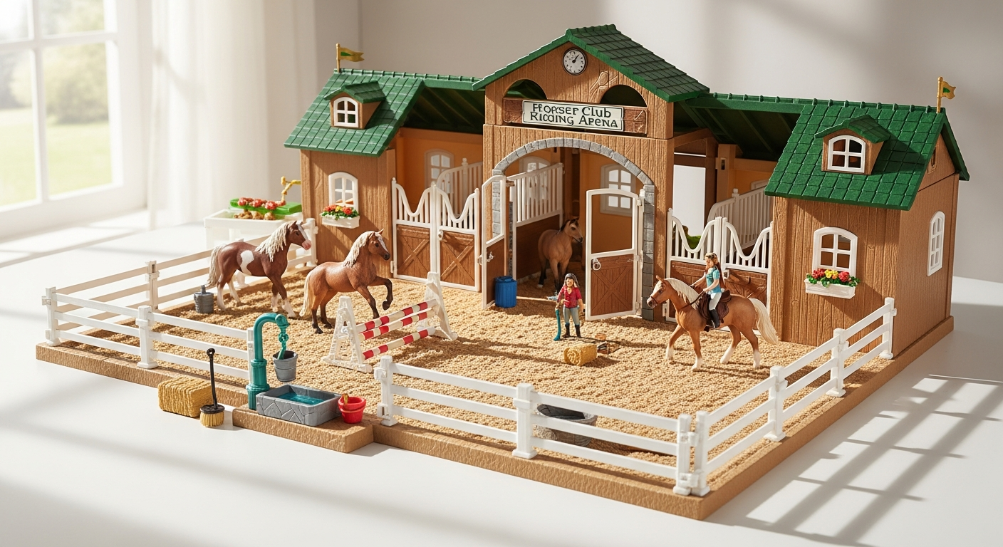 Schleich Horse Club Peppertree Riding Arena playset with hand-painted horse figures and detailed equestrian accessories