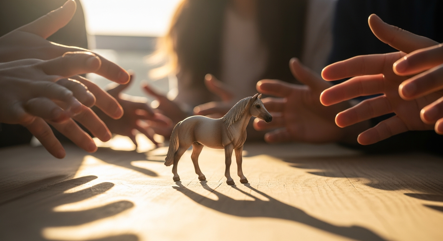 Schleich Sorraia Mustang Stallion Figure model 13915 with hand-painted grey dun coat and bi-colored mane