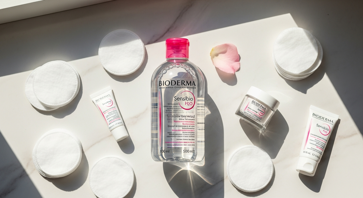 Bioderma Sensibio H2O micellar water bottle displayed with cotton pads and skincare products