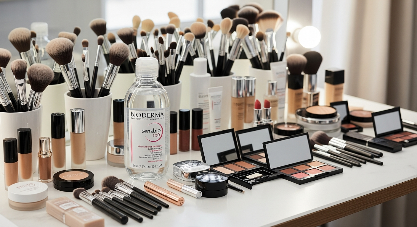 Professional makeup artist using Bioderma Sensibio H2O micellar water for gentle makeup removal on sensitive skin