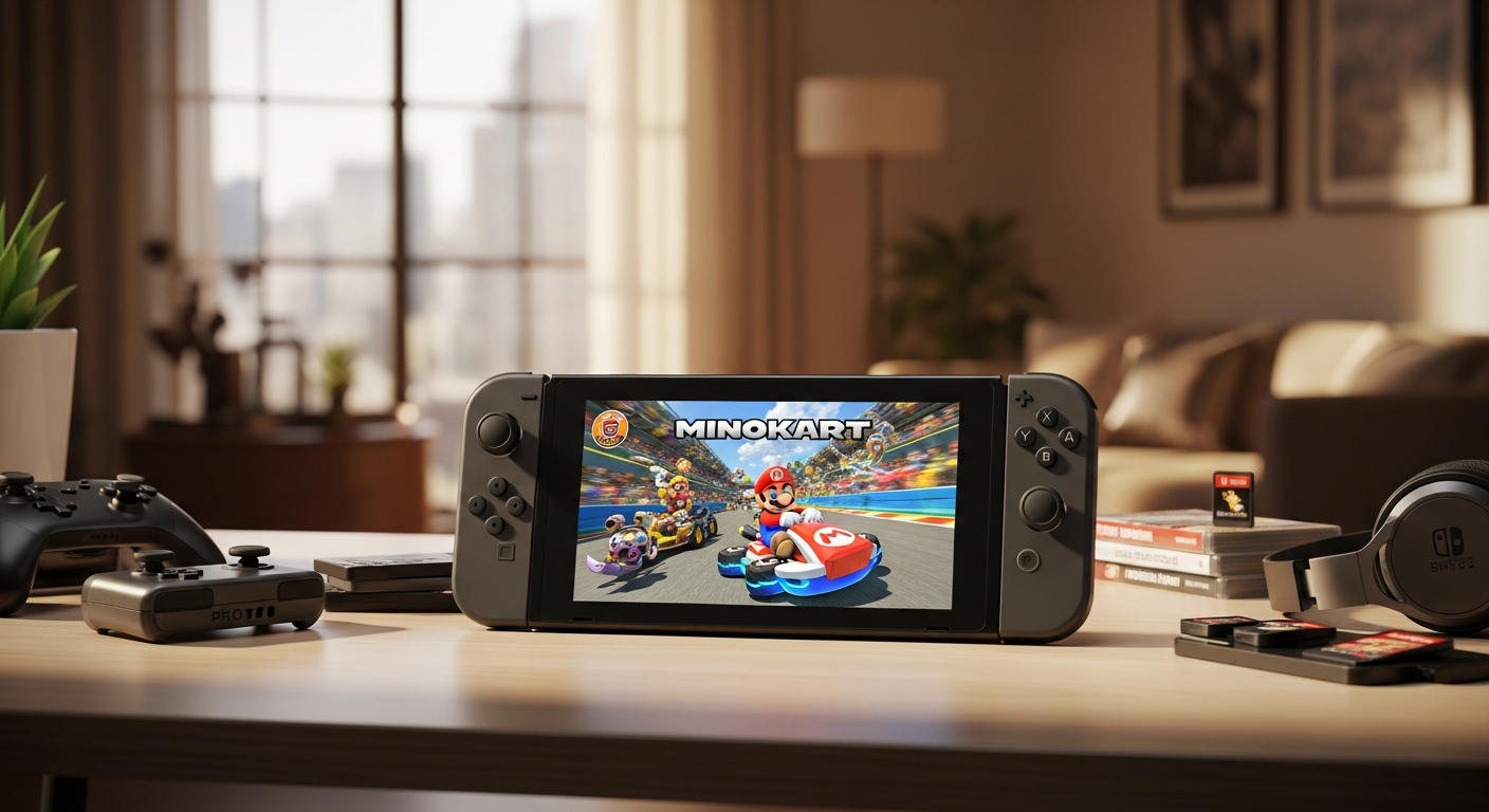 Nintendo Switch 2 console with Mario Kart World game bundle displayed on table