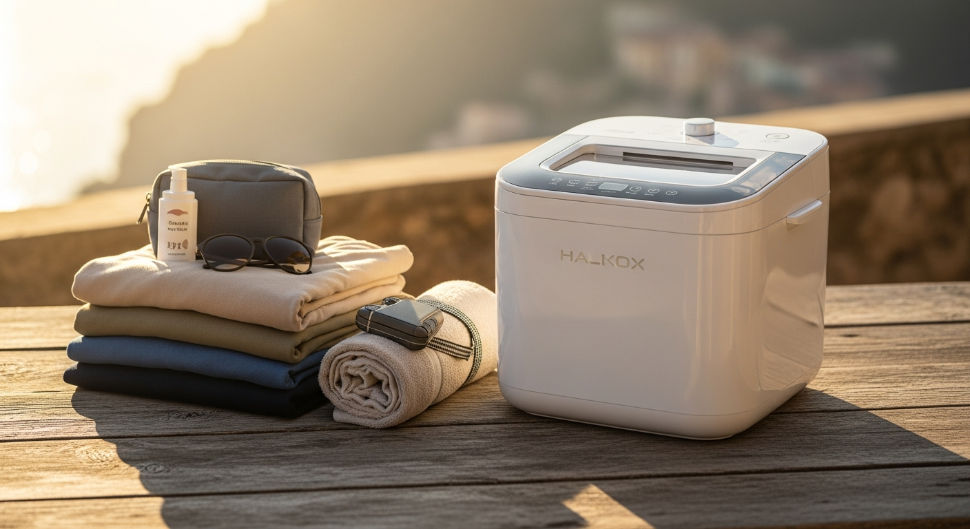 WonderWash portable hand-crank washing machine displayed in compact RV storage space