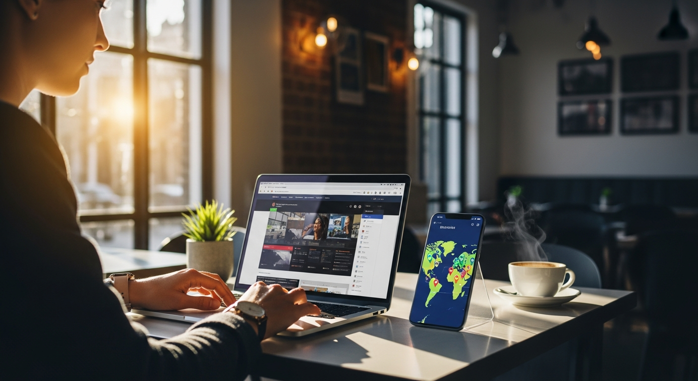 Digital nomad working on laptop with global connectivity map and eSIM technology interface