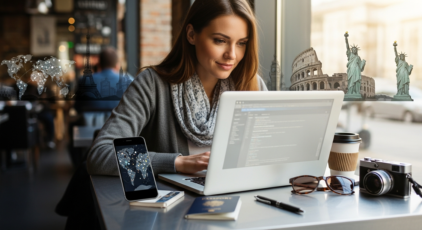 Digital nomad working on laptop with global travel eSIM connectivity across 190 countries