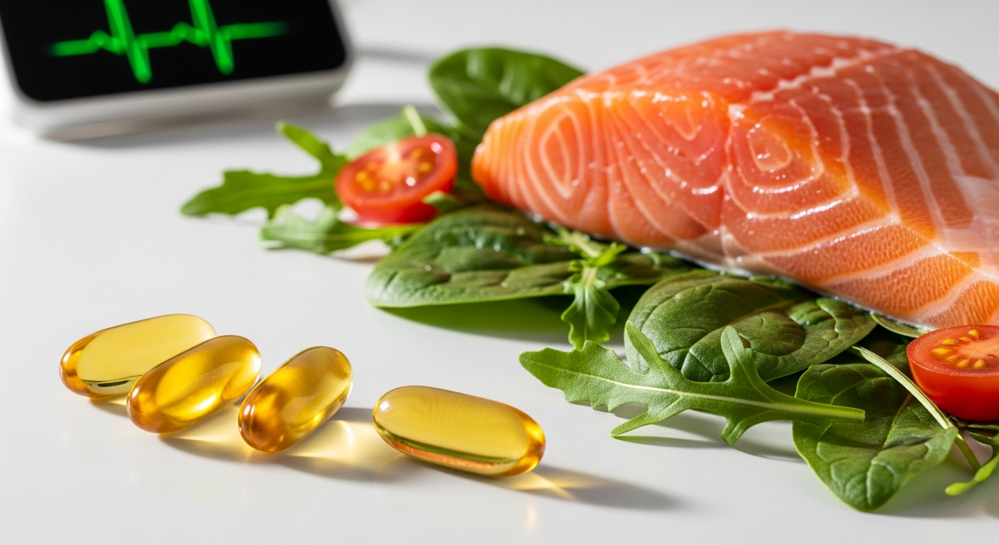 Triple strength omega-3 fish oil capsules in a clear bottle with nutritional label and health benefits text