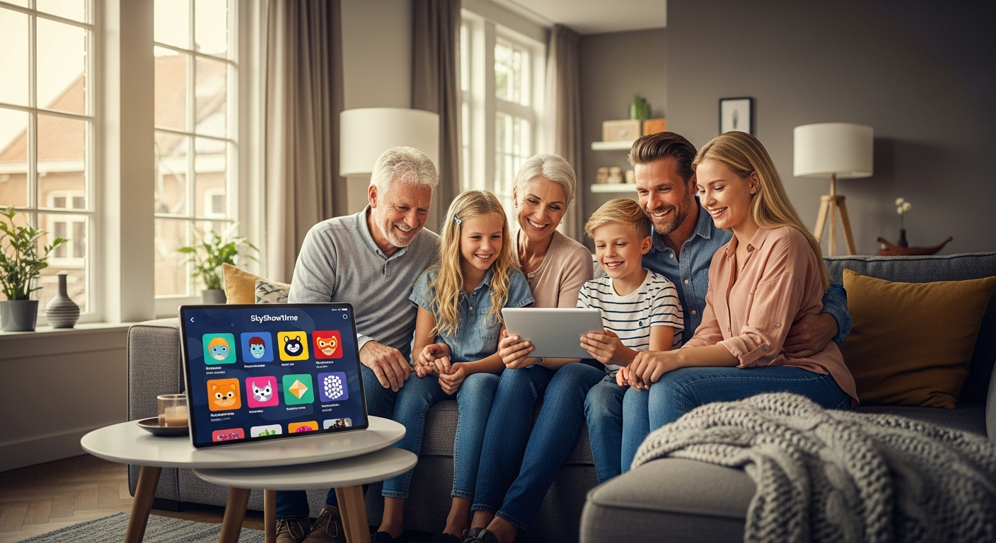 Family streaming setup on SkyShowtime Netherlands with multiple profiles displayed on smart TV and mobile devices