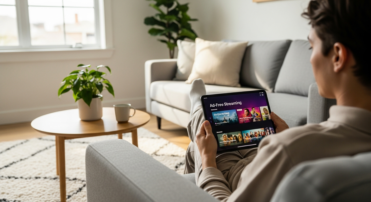 SkyShowtime Standaard Abonnement streaming service interface showing ad-free content library on smart TV display