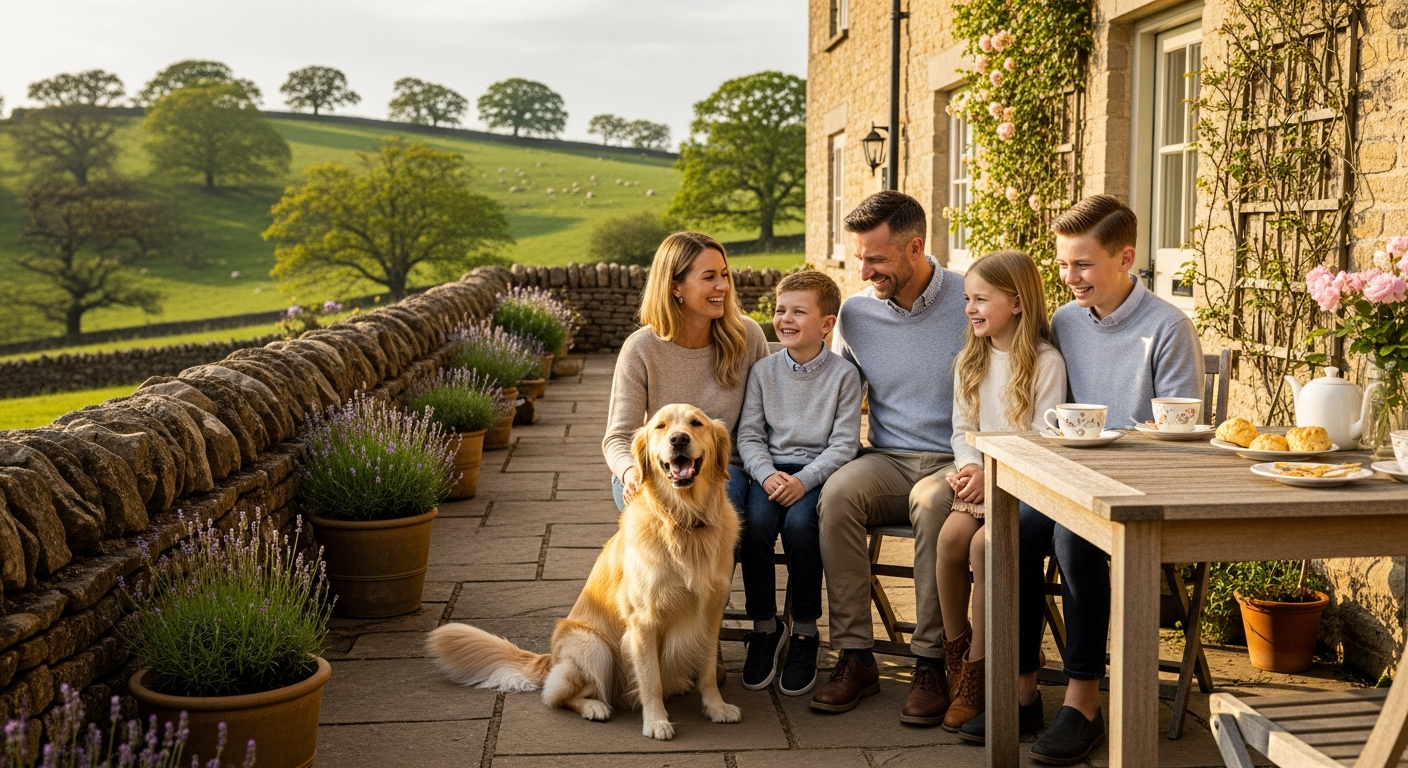 Dog-friendly UK cottage with garden overlooking countryside landscape and rolling hills