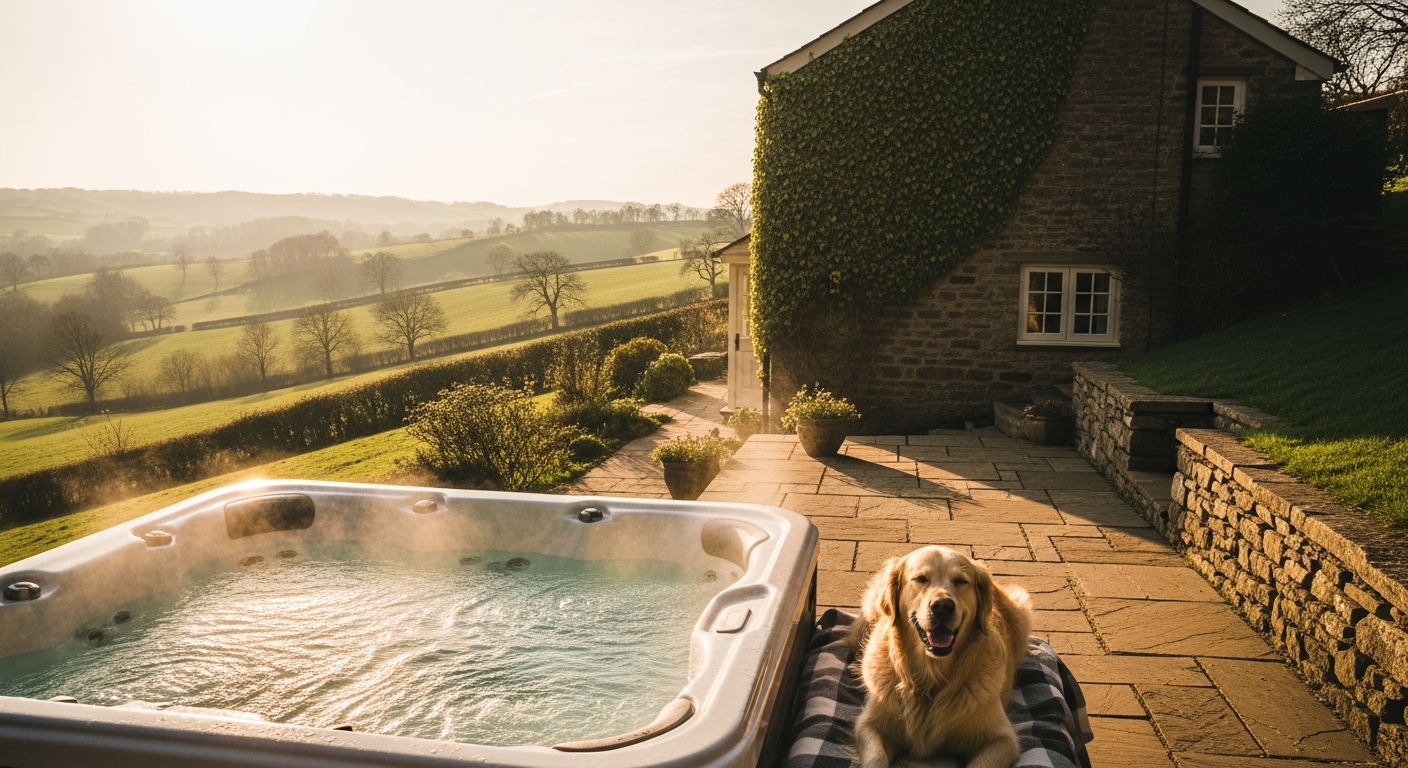 Luxury dog-friendly UK cottage with hot tub surrounded by countryside garden