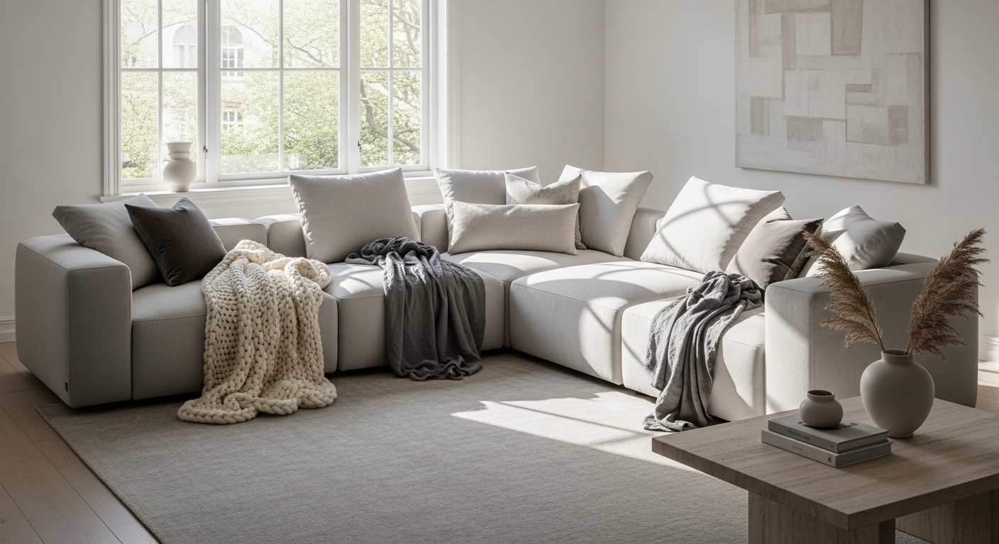 Sofa Club Dreamer Modular Sofa in soft dusk fabric with winged arms and high-back cushions in modern living room