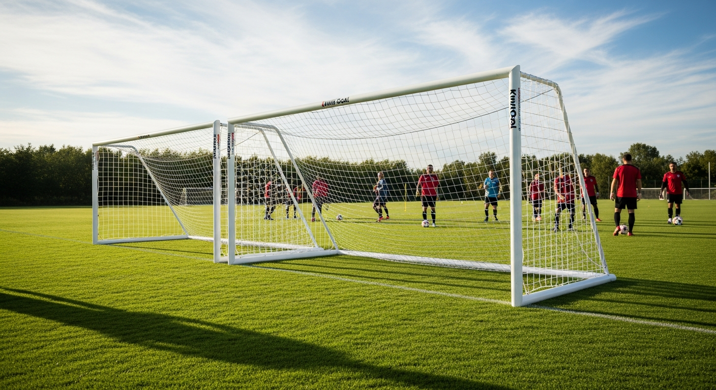 Kwik Goal EURO Senior Soccer Goals with aluminum frame and white net system on grass field
