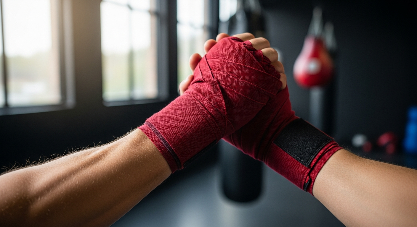 Professional boxing handwraps displayed with elastic cotton construction and Velcro closure system