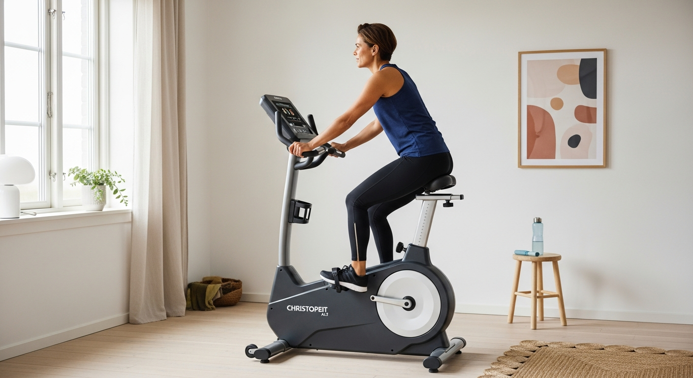 Christopeit AL2 Exercise Bike displayed in a modern home fitness room with adjustable seat and resistance controls