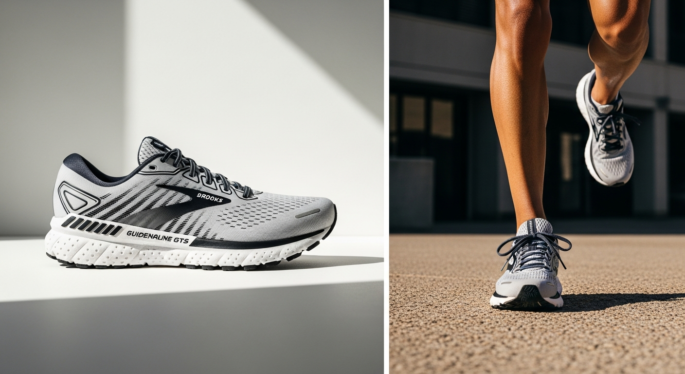 Brooks Adrenaline GTS 24 running shoe displayed on white background showing stability features