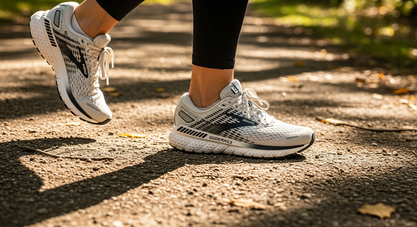 Brooks Adrenaline GTS 24 women's running shoe displaying GuideRails stability technology and DNA Loft v3 cushioning