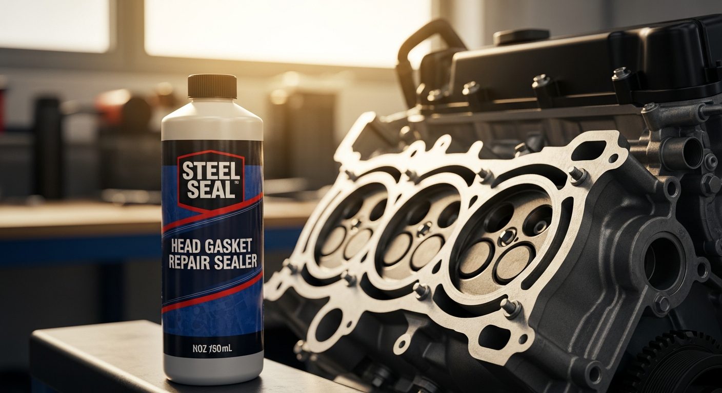 Steel Seal Head Gasket Repair Sealer bottle next to engine block showing thermochemical sealing application