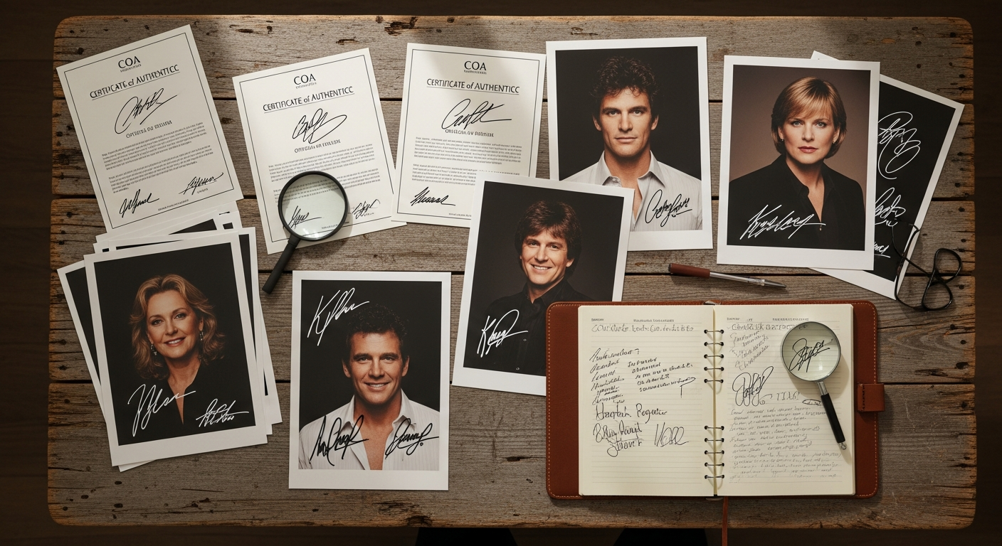 Streamily celebrity autographed prints displayed in frames showing signed photos from voice actors and entertainment talent