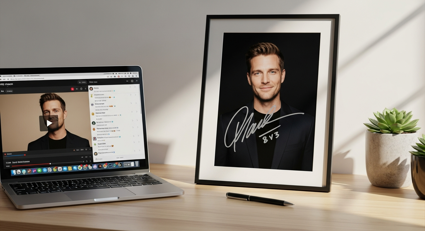 Live-streamed celebrity autograph signing event showing voice actors signing cast prints for fans