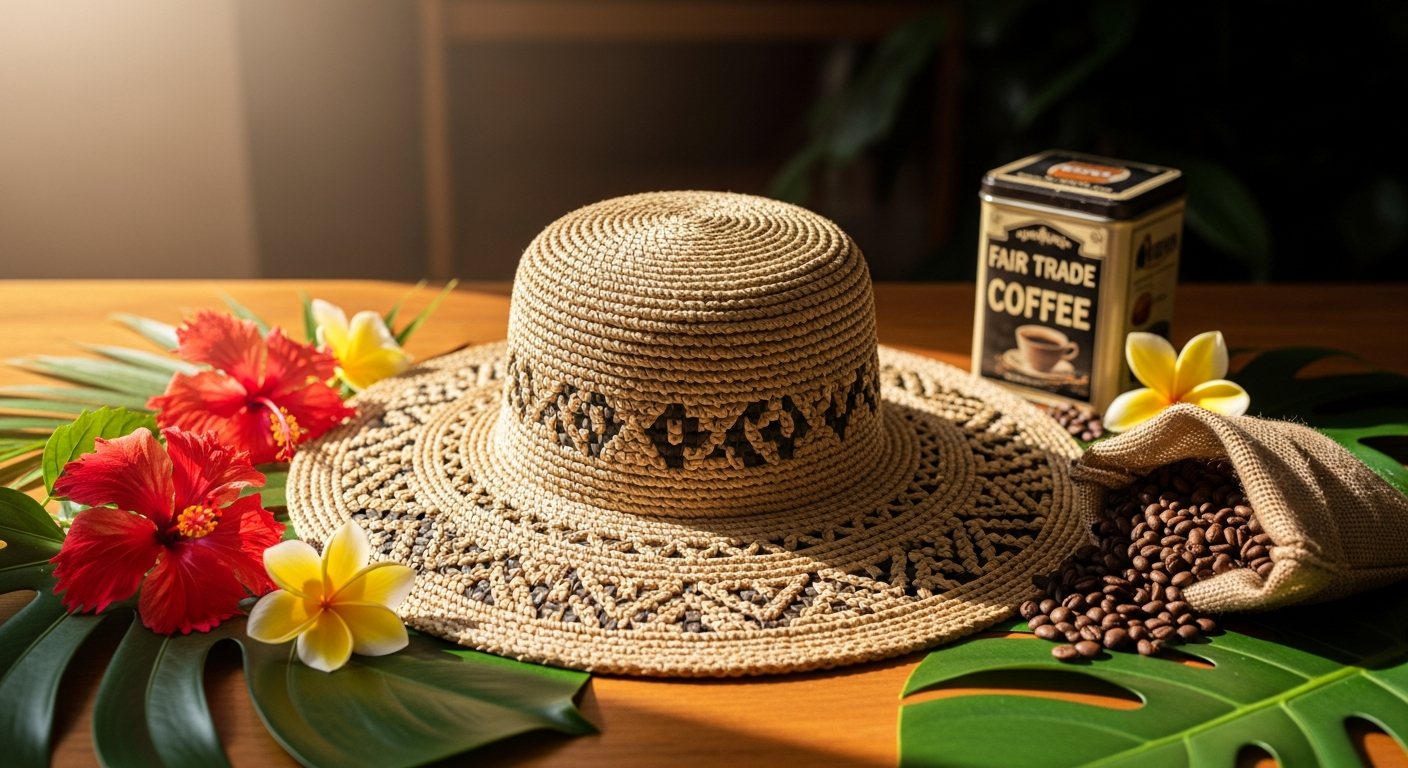 Handcrafted Rosita Palm Hat with hand-loomed cotton band displayed on white background