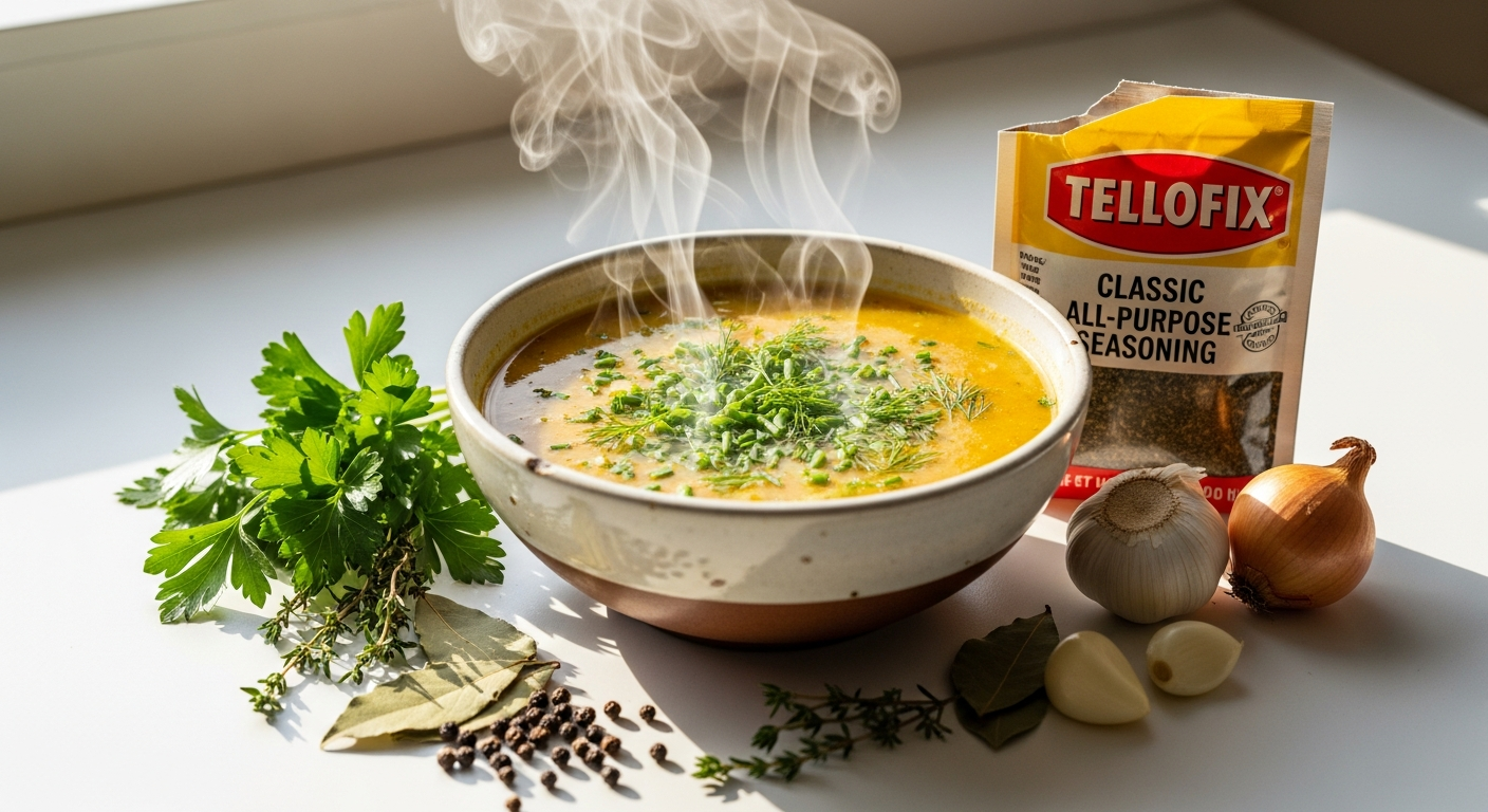 tellofix Classic All-Purpose Seasoning Soup package displayed with fresh carrots, leeks, and celery vegetables