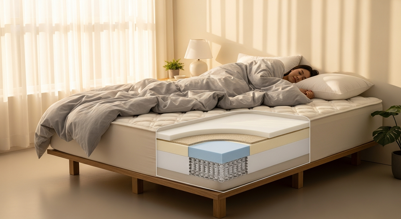 SweetNight Twilight Hybrid Mattress displayed in a bedroom setting showing gel-infused foam and pocketed coil construction