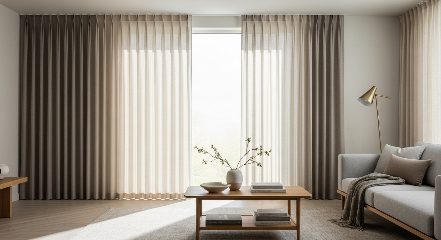 TWOPAGES Liz Linen Pleated Curtains hanging on window with ivory white pinch pleats and soft linen texture