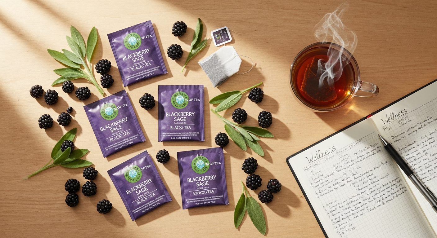 Republic of Tea Blackberry Sage Black Tea Bags in a tin with fresh blackberries and sage leaves