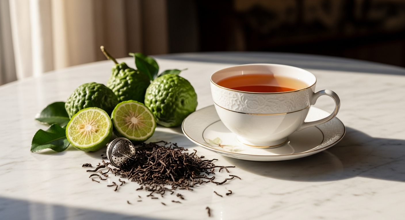 Elegant cup of organic Earl Grey Crème tea with bergamot and vanilla notes