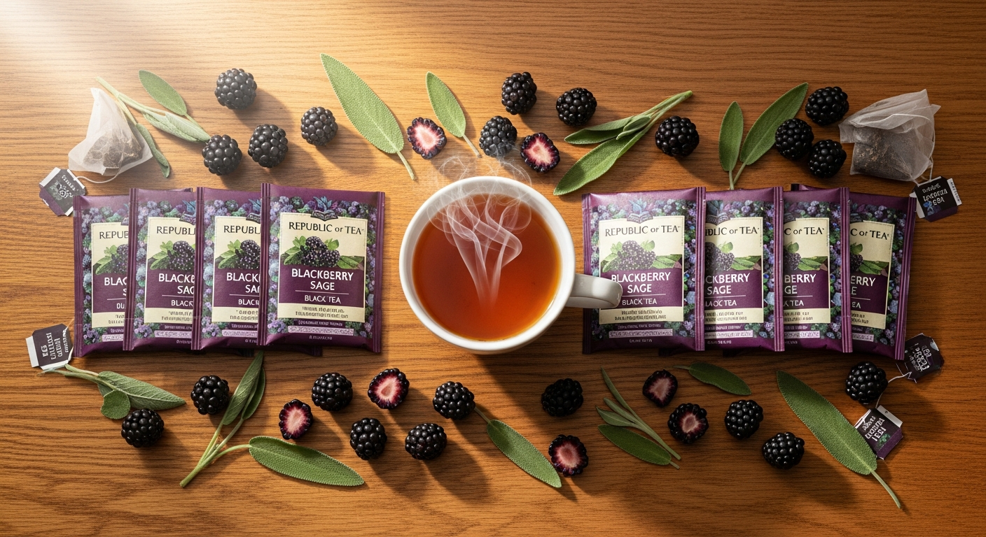 Republic of Tea Blackberry Sage Black Tea Bags in premium tin packaging with fresh blackberries and sage leaves