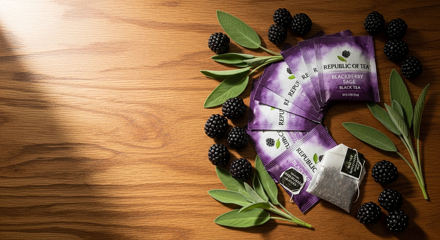 A box of The Republic of Tea Blackberry Sage Black Tea Bags with premium unbleached tea bags displayed