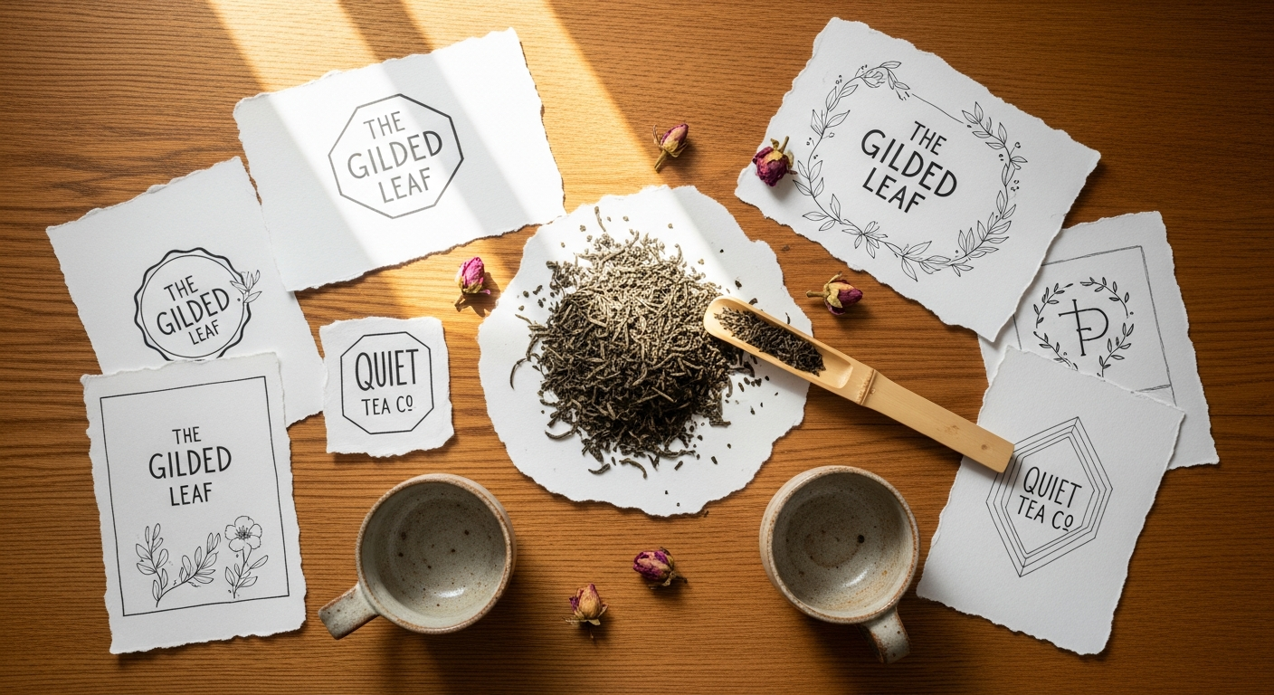 A serene tea shop interior with steaming teacups and loose leaf tea displayed on wooden shelves