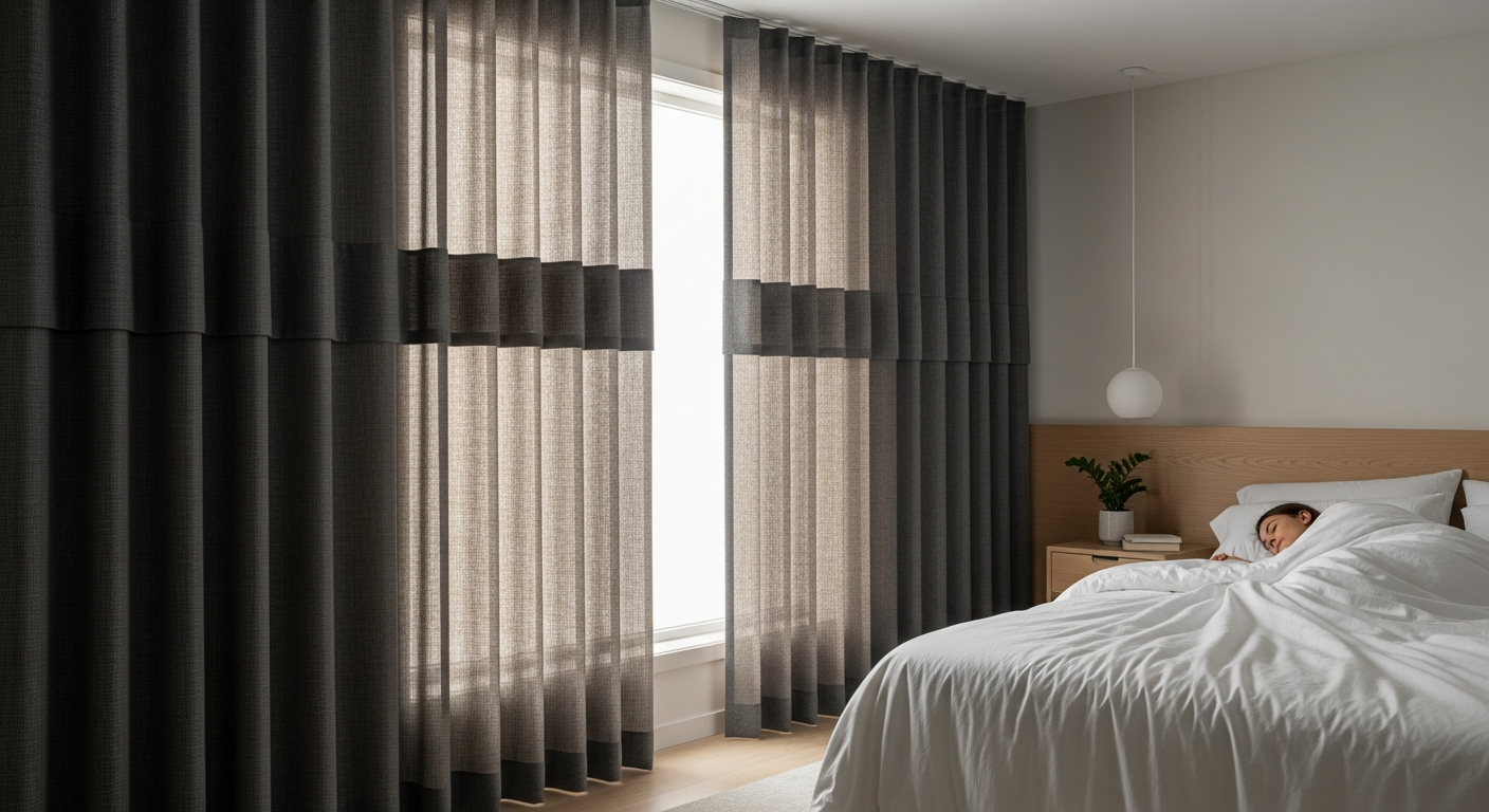 Hussein 4-layer blackout soundproof thermal curtains hanging in a bedroom window creating complete darkness
