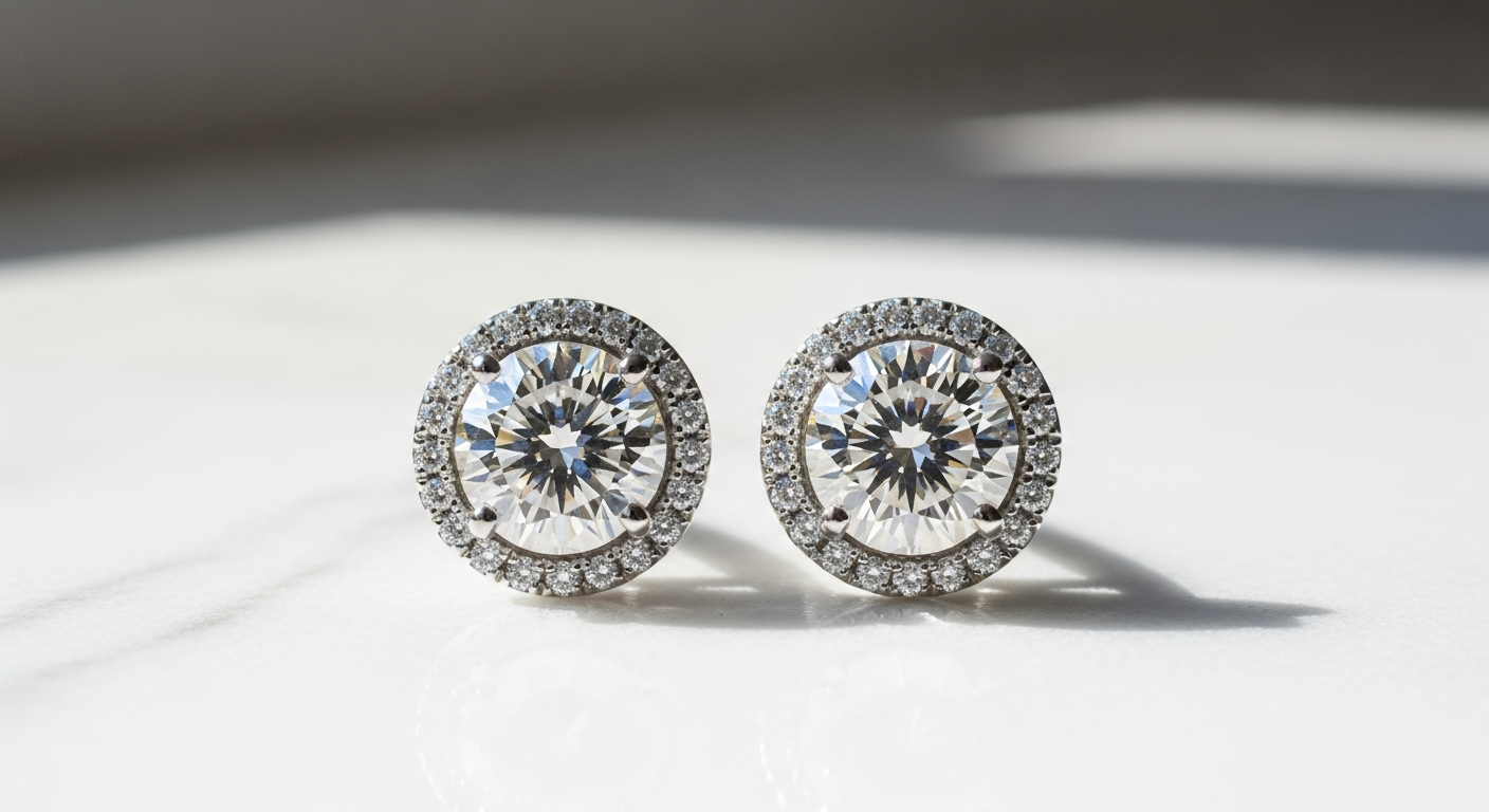 Sparkling 2.00 carat VVS1 moissanite halo earrings from The GUU Shop displayed on luxury jewelry background