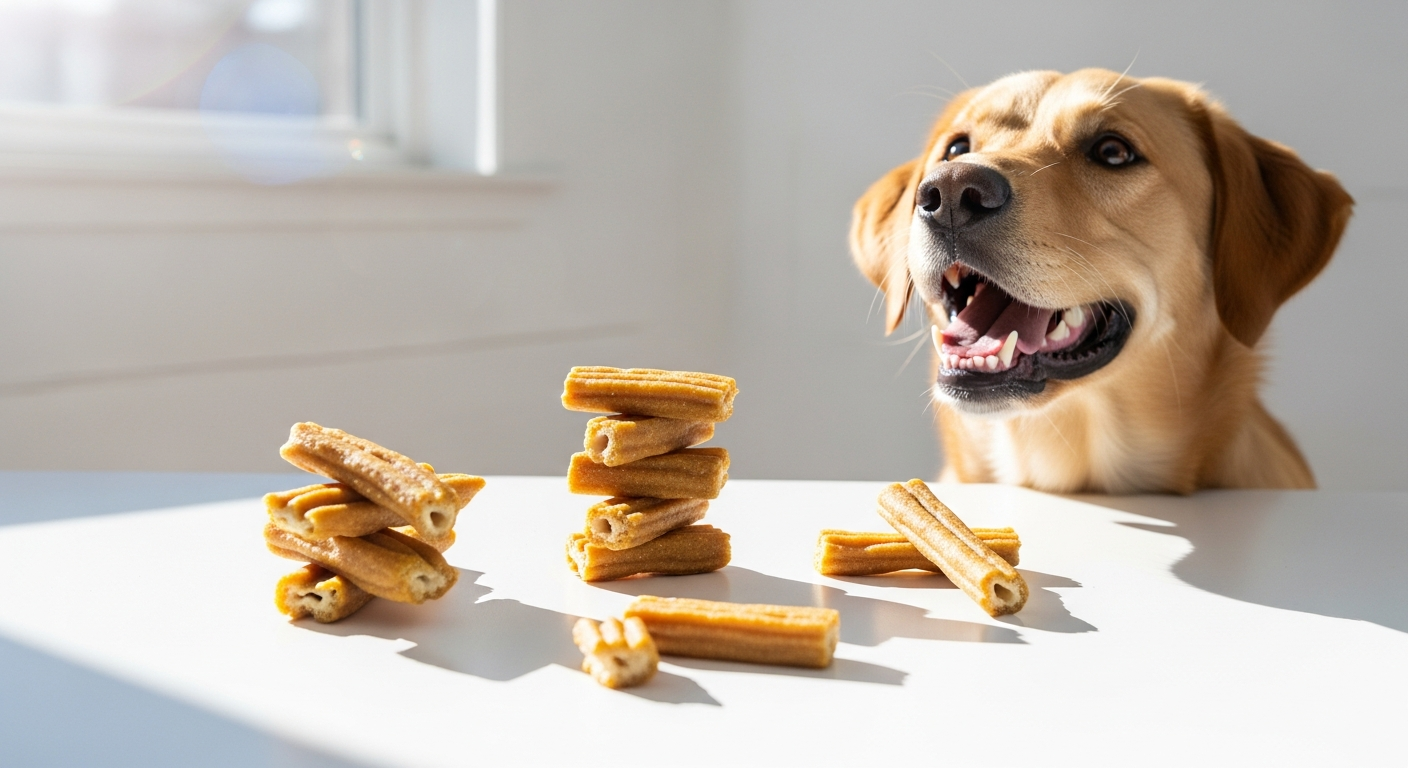 Golden retriever happily chewing on twisted chicken dog treat with visible dental benefits