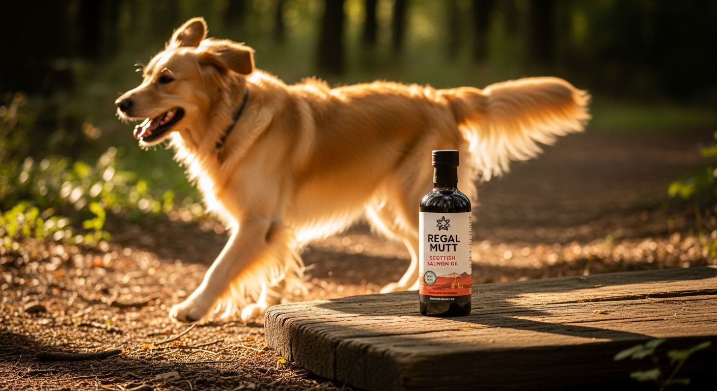 Regal Mutt Scottish Salmon Oil bottle with pump dispenser for pet joint health and mobility support