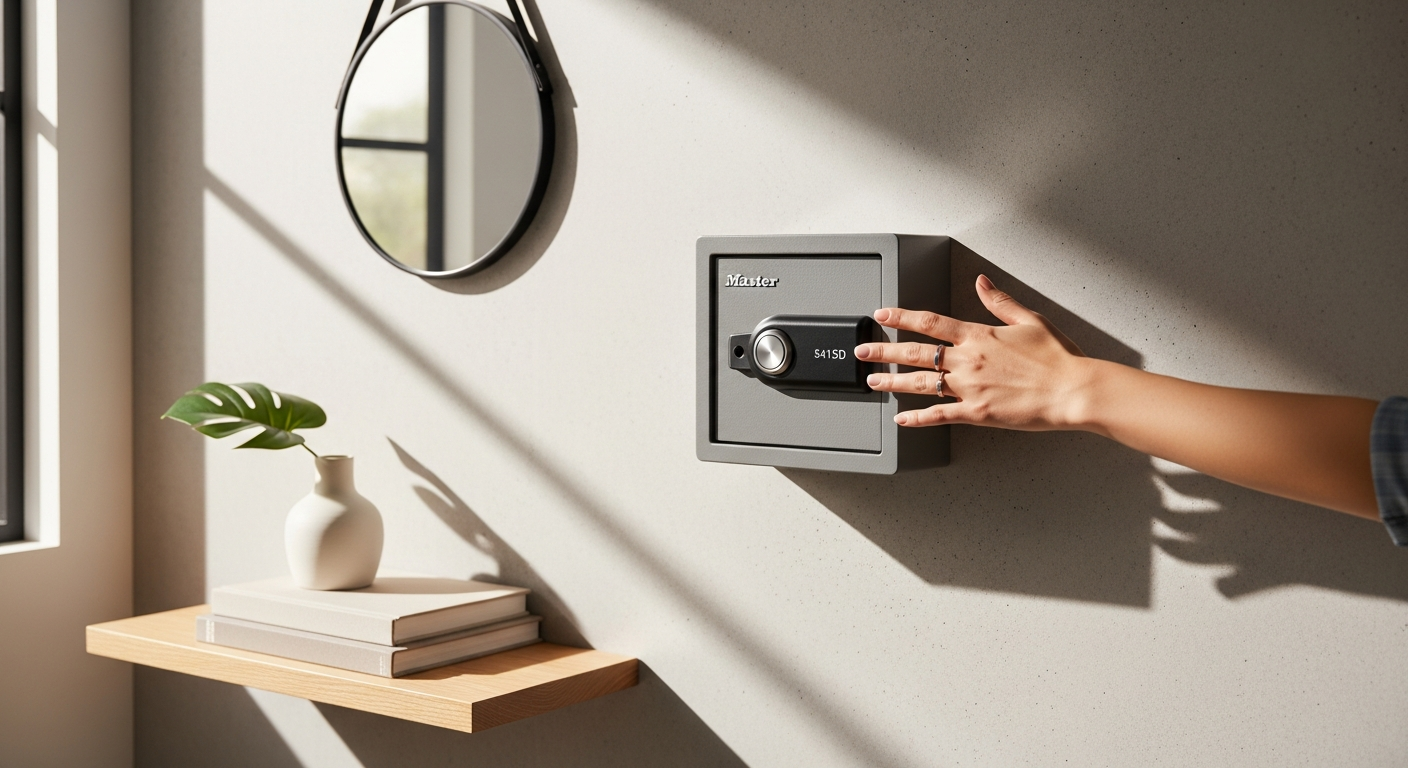 Master Lock 5415D wall-mounted key safe with 4-digit combination lock on exterior wall