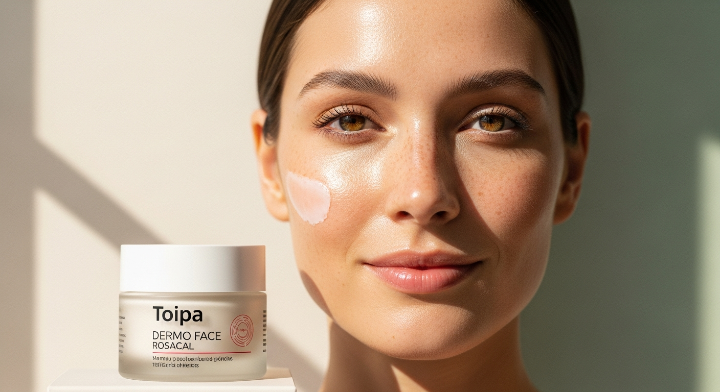 Tołpa Dermo Face Rosacal Cream jar displayed with natural botanical ingredients and calming skincare elements
