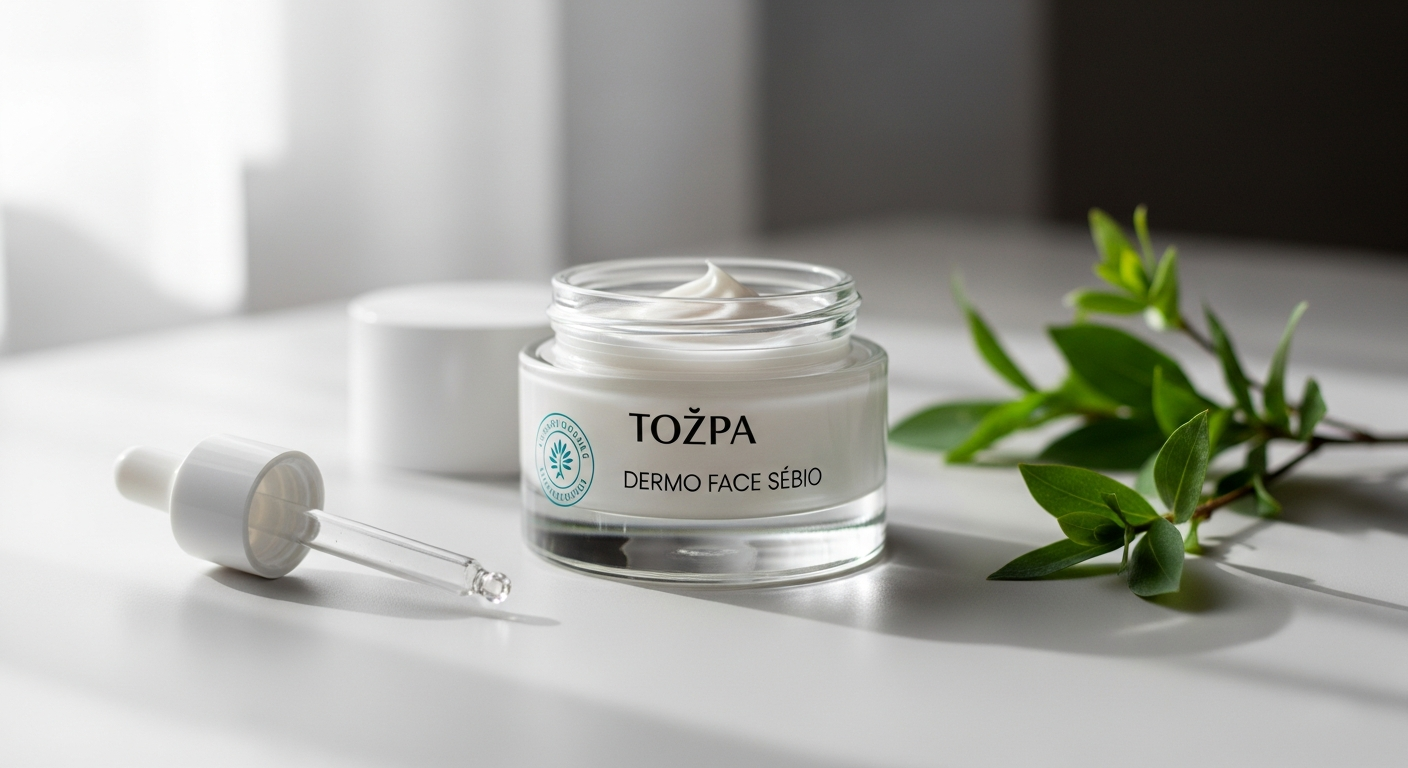 Tołpa Dermo Face Sebio Normalizing Cream jar displayed with natural ingredients and skin texture background