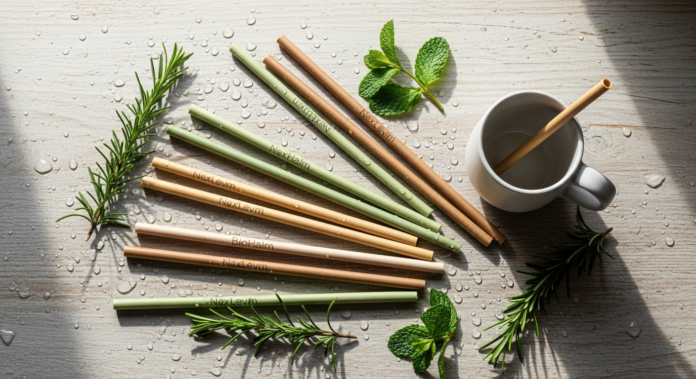 NextLevel BioHalm compostable drinking straws displayed in a modern café setting with beverages