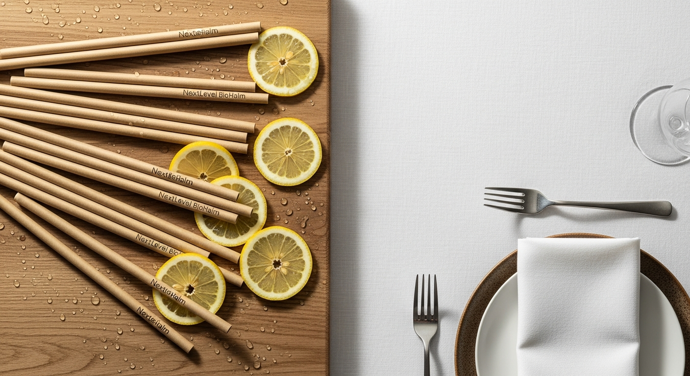 NextLevel BioHalm sustainable durable straws displayed in restaurant beverage service setting