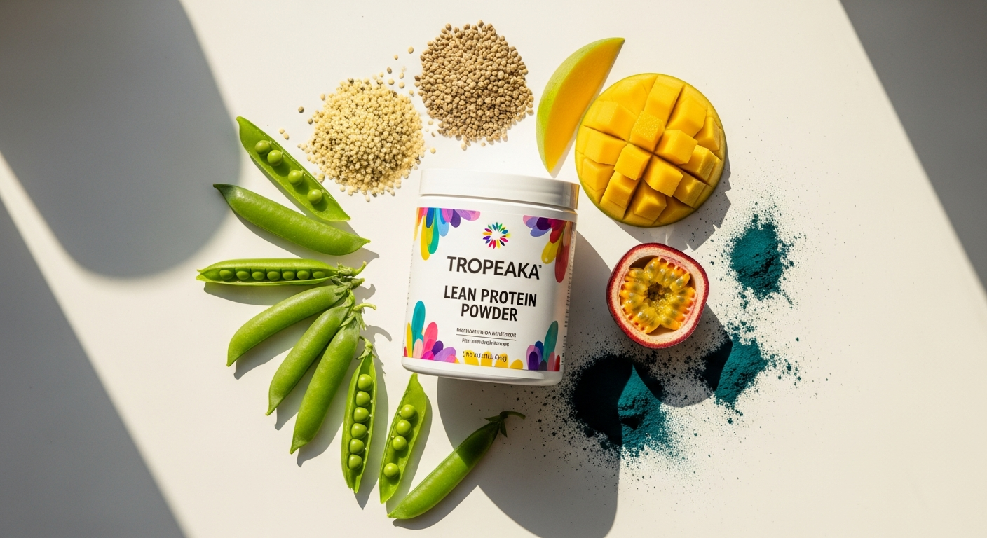 Tropeaka Lean Protein Powder container with Salted Caramel and Vanilla flavors displayed