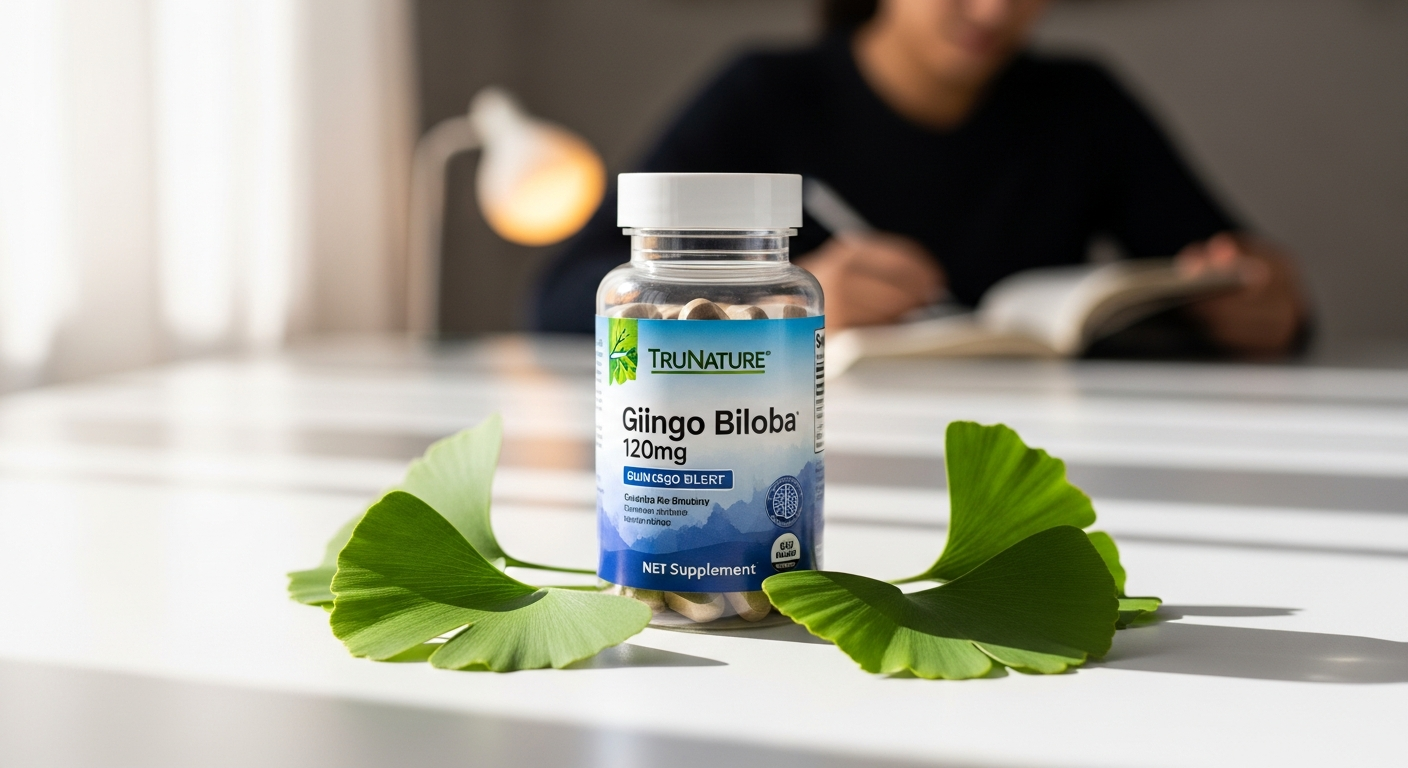 TruNature Ginkgo Biloba 120mg softgel bottle with brain health supplement packaging