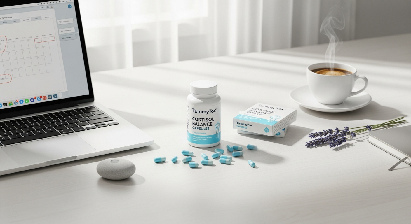 TummyTox Cortisol Balance Capsules supplement bottle with ashwagandha and rhodiola ingredients displayed