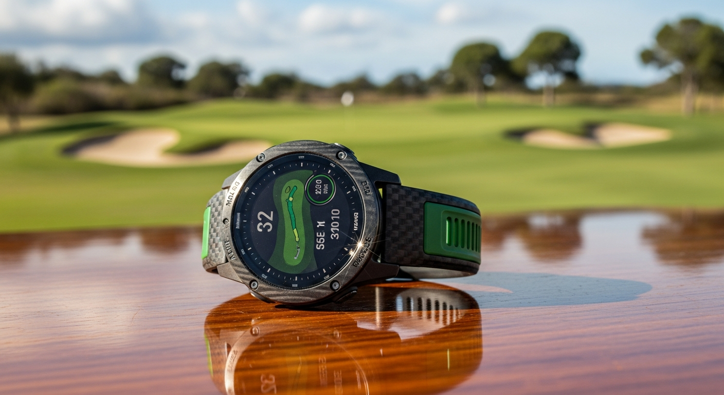 Garmin MARQ Golfer Gen2 Carbon Smartwatch displaying golf course map on AMOLED screen