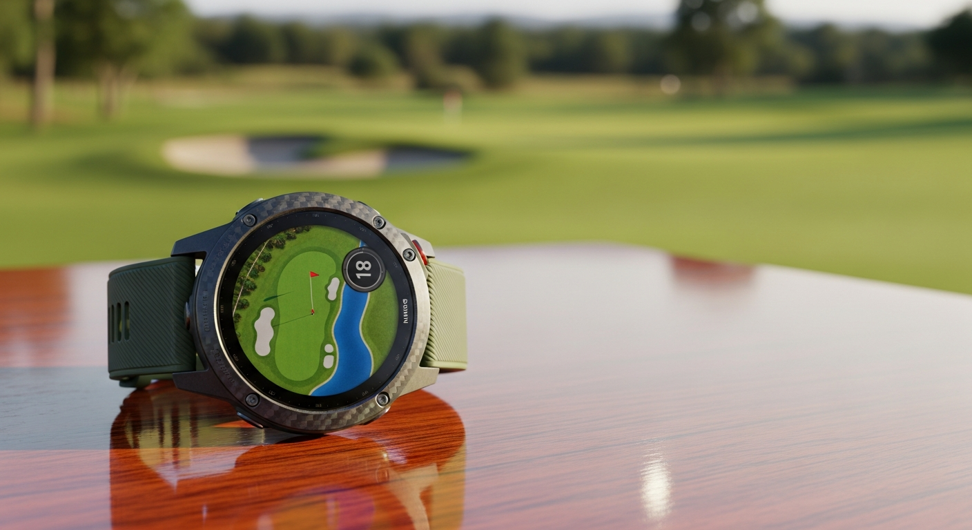 Garmin MARQ Golfer Gen2 Carbon smartwatch displaying golf course map on sapphire lens with carbon fiber case