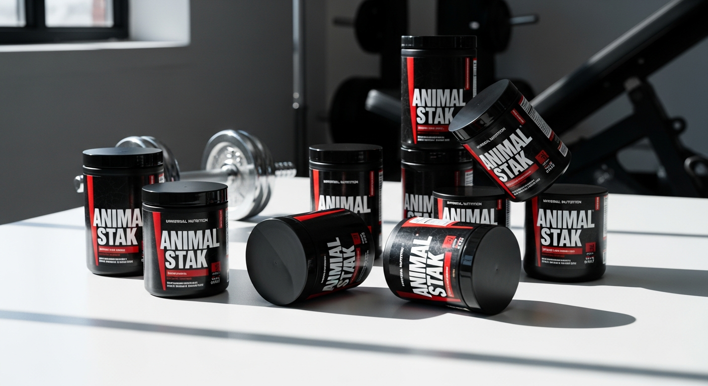 Universal Nutrition Animal Stak supplement bottle with five-complex formula displayed on white background